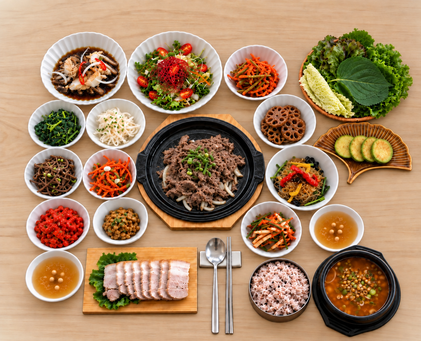 한우소불고기한정식 메뉴 연출 이미지. 촉촉한 불고기와 양파, 반찬, 밥과 국을 담은 전체 상차림.