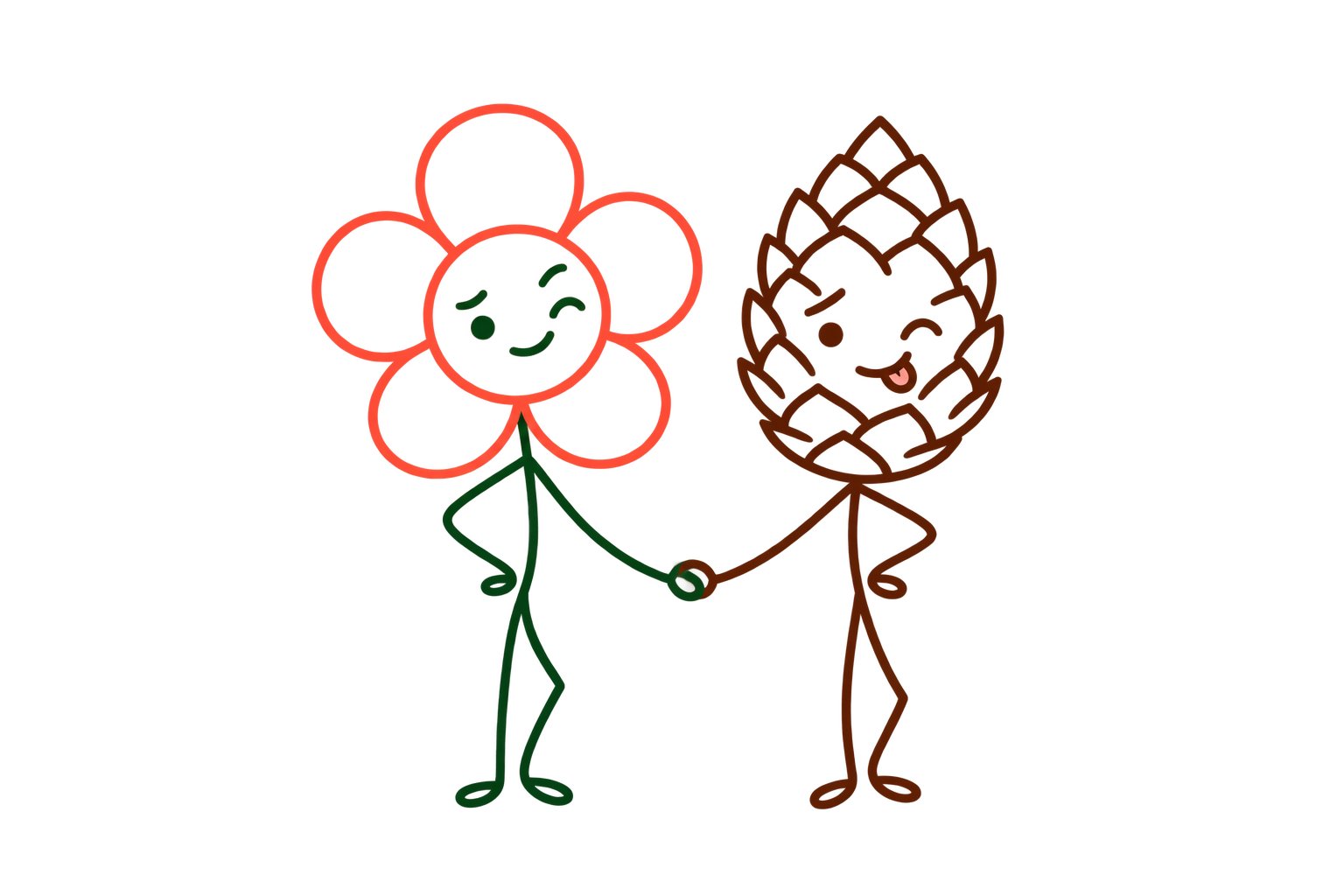 손을 잡고 인사하는 꽃과 솔방울 마스코트