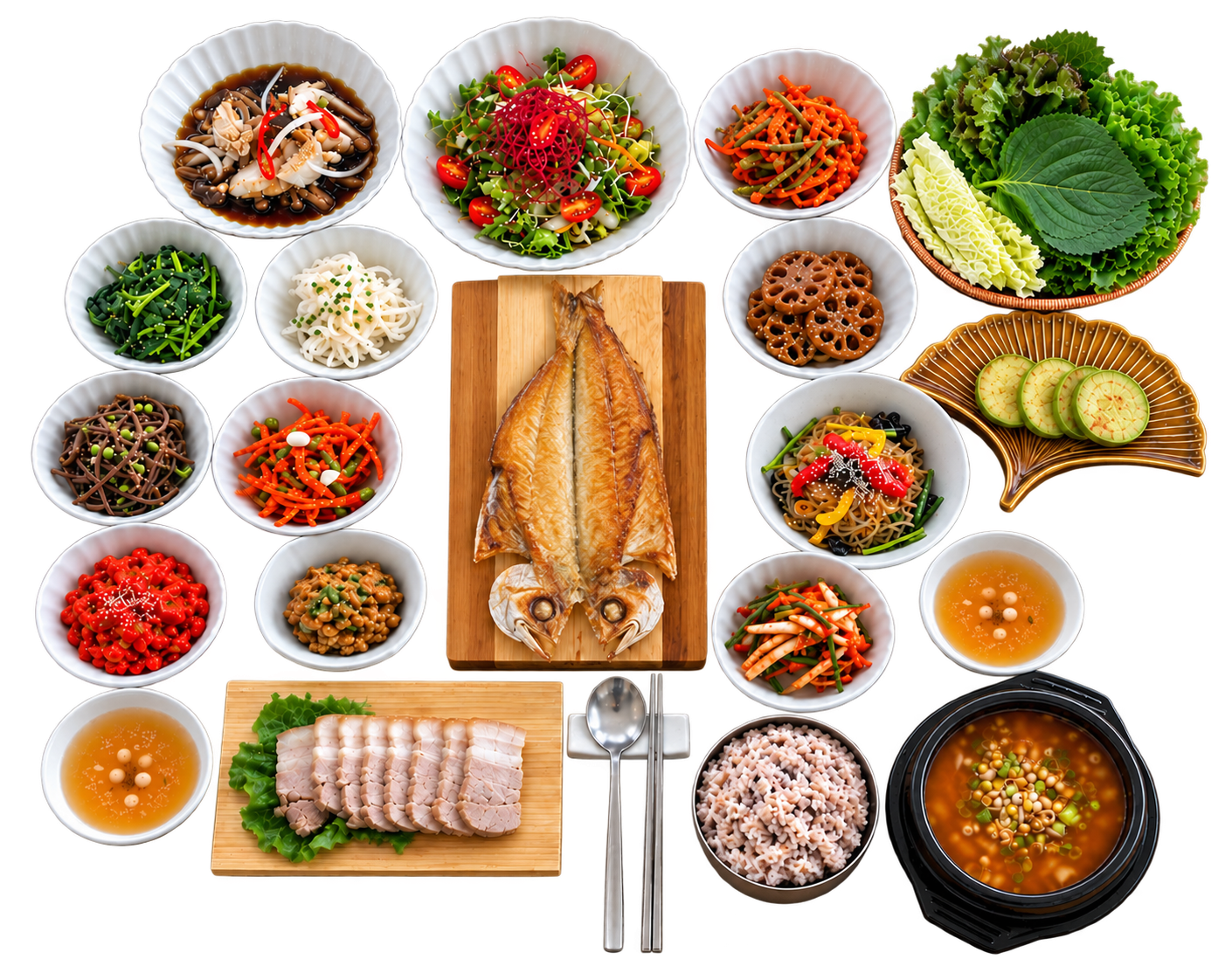 옥돔구이 한정식 메뉴 연출 이미지. 옥돔구이와 반찬, 밥과 국을 담은 전체 상차림.