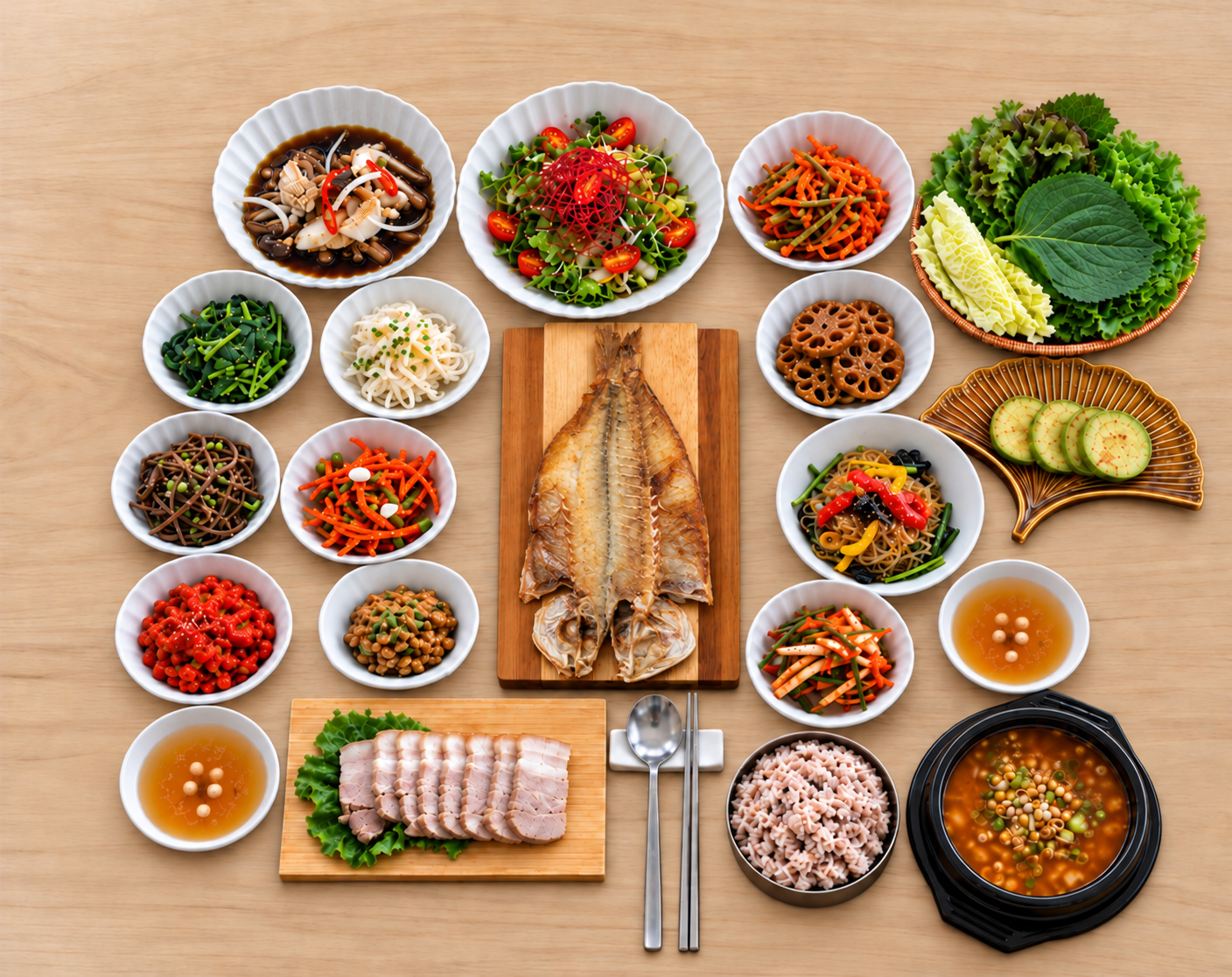 옥돔구이 한정식 메뉴 연출 이미지. 옥돔구이와 반찬, 밥과 국을 담은 전체 상차림.